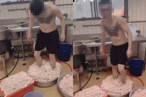 台中炸雞店員工腳踩雞皮並PO網，引發網友炎上。 圖：翻攝自Threads