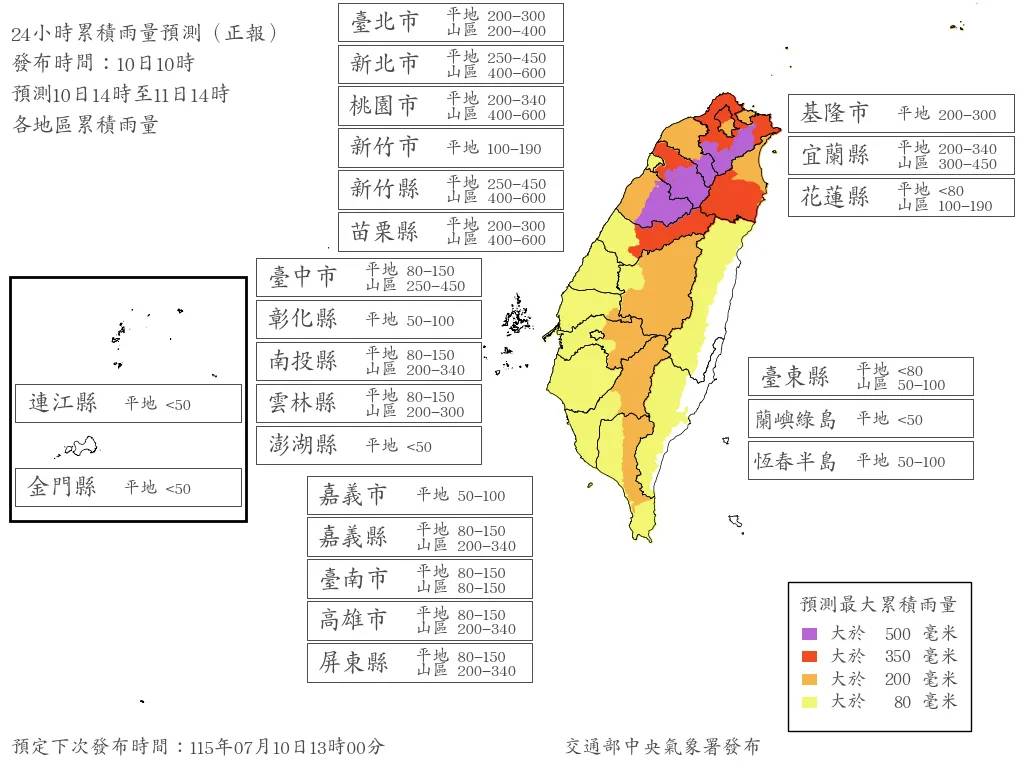 中央氣象署 10 日上午公布最新風雨預測，預估 10 日 14 時至 11 日 14 時期間，全台共有 19 個縣市部分地區的累積雨量或平均風力、陣風預估已達天然災害停止上班及上課作業標準。 圖：氣象署提供