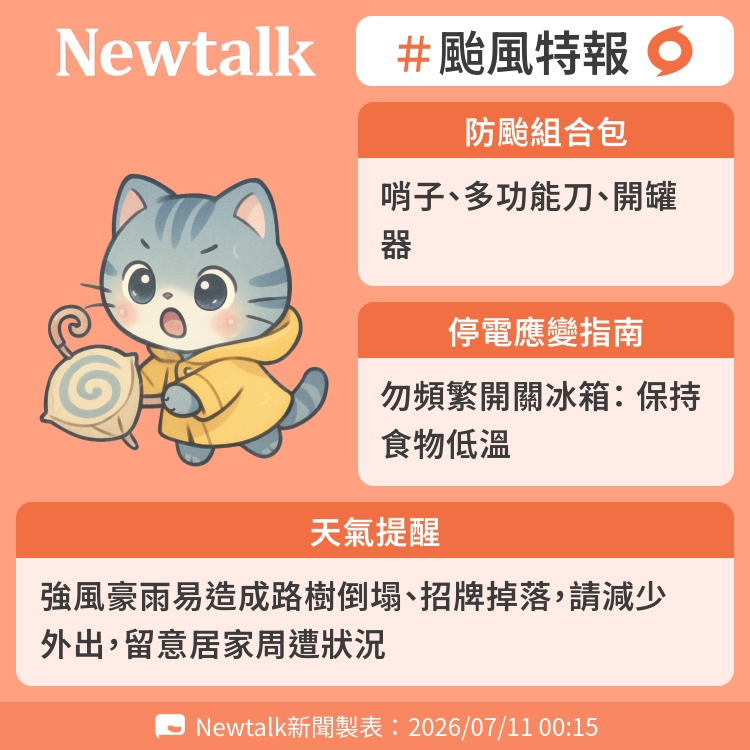 強風豪雨易造成路樹倒塌、招牌掉落，請減少外出，留意居家周遭狀況 圖：Newtalk製表