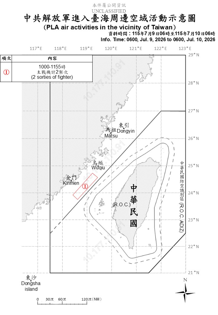 國軍偵獲共艦1艘及公務船1艘，持續在台海周邊活動。 圖/國防部