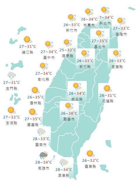 氣象署公布各地天氣預報概況。 圖：氣象署提供