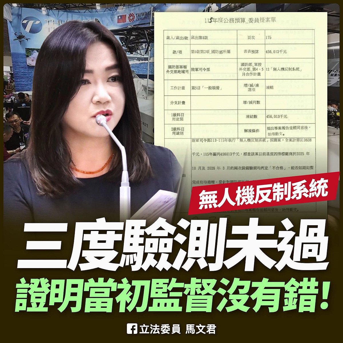 無人機反制驗收沒過 馬文君： 廠商透過「借裝備」通過原型機驗測
