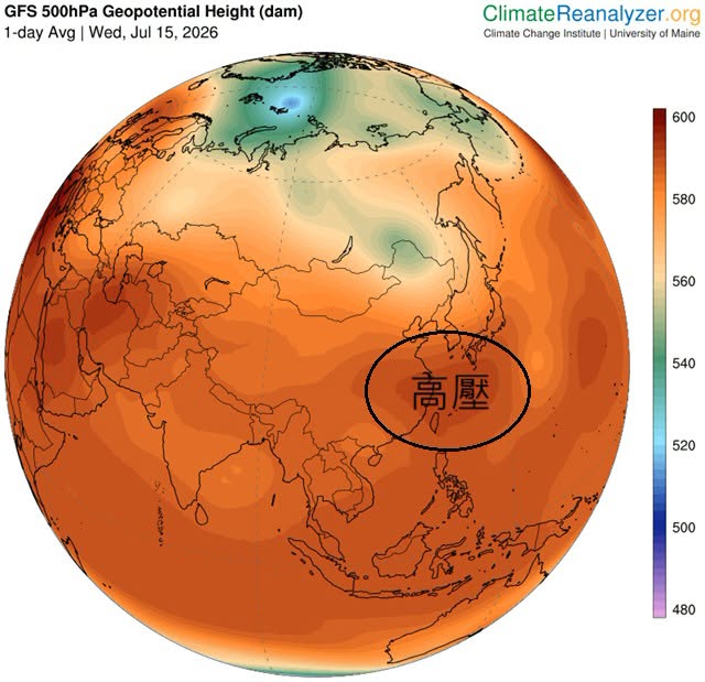 台灣上空有個高壓，強度不弱、不太移動、持續時間又長，是相當頑固的存在。 圖：翻攝自鄭明典臉書