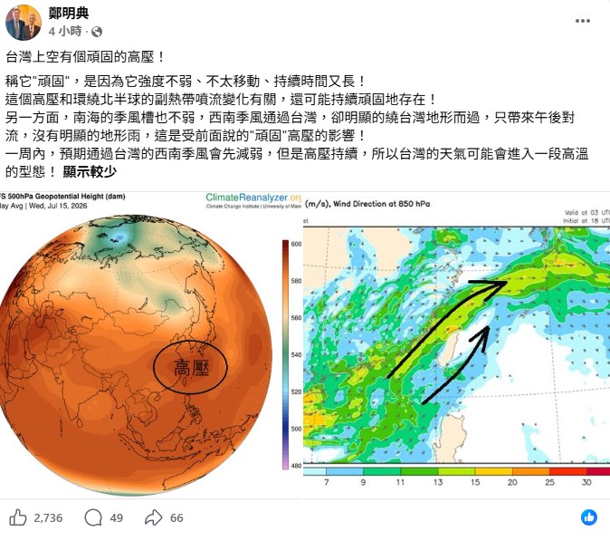鄭明典預估，一週內，預期通過台灣的西南季風會先減弱，但是高壓持續，所以台灣的天氣可能會進入一段高溫的型態。 圖：翻攝自鄭明典臉書