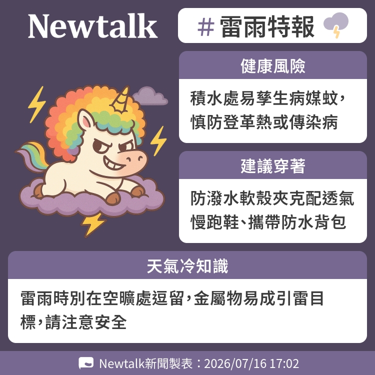 雷雨時別在空曠處逗留，金屬物易成引雷目標，請注意安全 圖：Newtalk製表