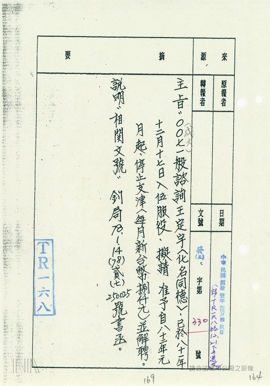 「法務部調查局諮詢人員綜合卷案」關於王定宇部分 圖：檔案局「法務部調查局諮詢人員綜合卷案」