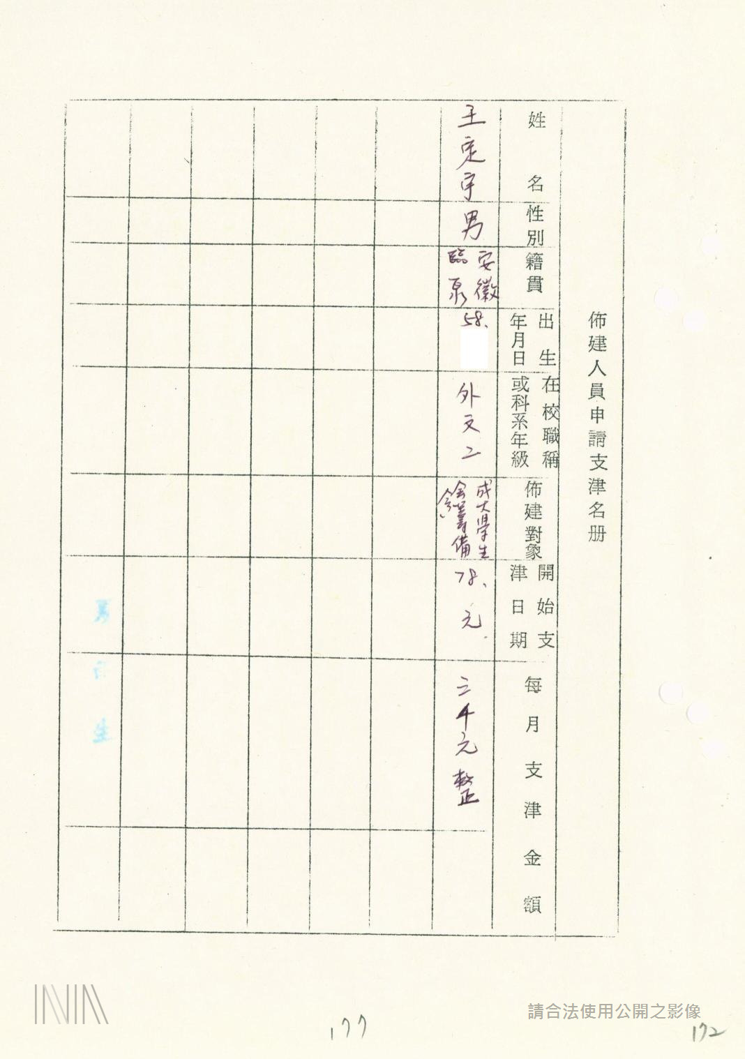 「法務部調查局諮詢人員綜合卷案」關於王定宇部分 圖：檔案局「法務部調查局諮詢人員綜合卷案」