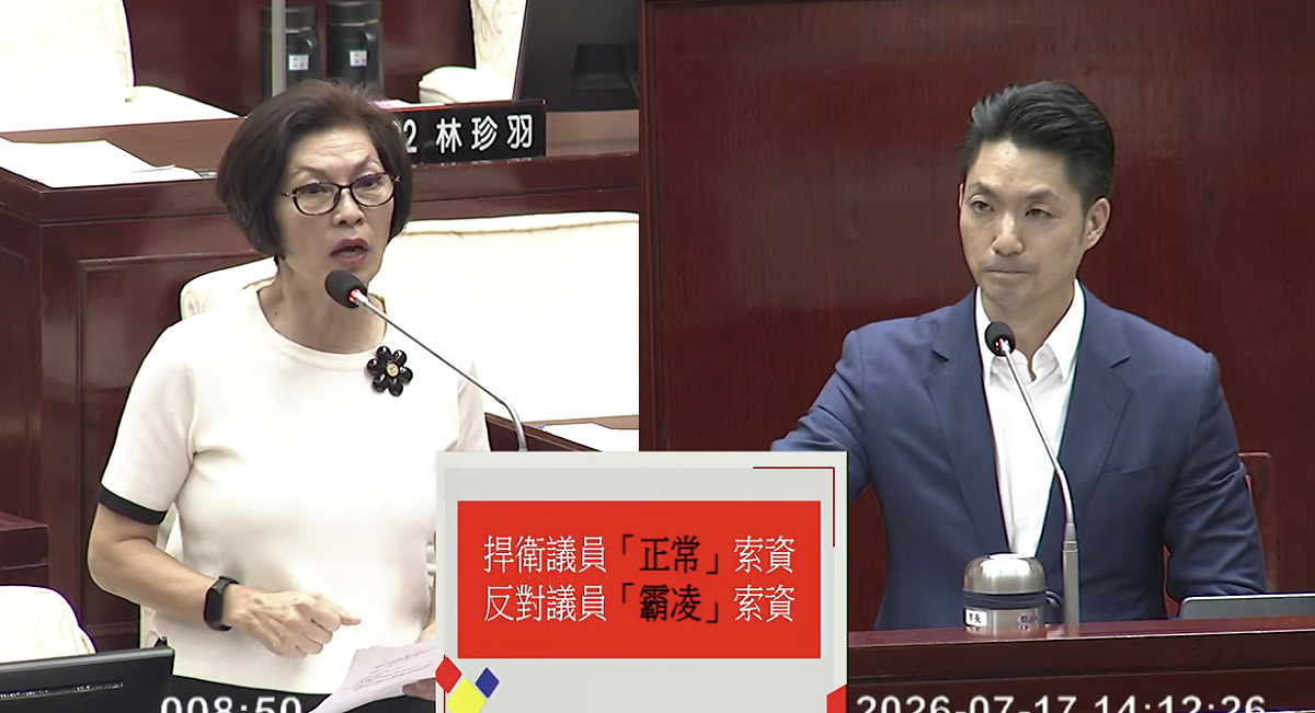 國民黨議員汪志冰(左)隔空痛批民進黨議員簡舒培「霸凌式索資」。 圖:擷取自 台北市議會 YT