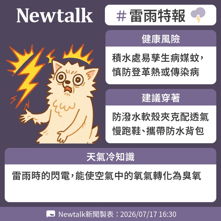雷雨時的閃電，能使空氣中的氧氣轉化為臭氧 圖：Newtalk製表