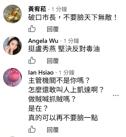 盧秀燕臉書湧入大量留言，支持及反對的都有。 圖：取自臉書
