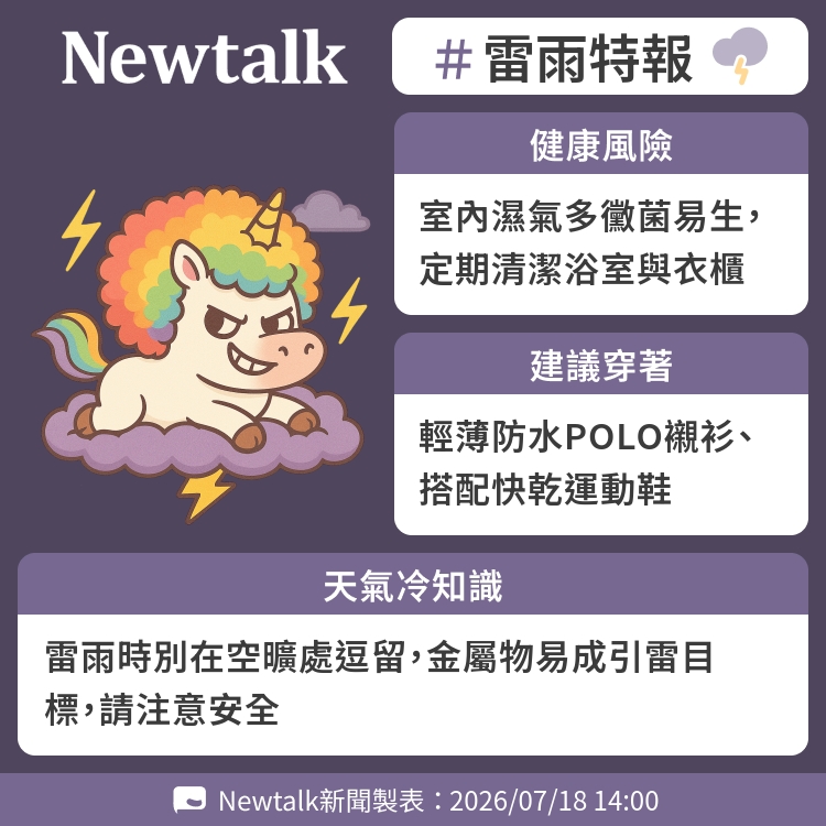 雷雨時別在空曠處逗留，金屬物易成引雷目標，請注意安全 圖：Newtalk製表