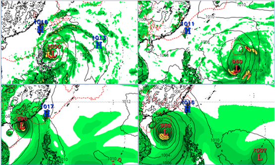 最新(18日20時)歐洲(ECMWF)模式(左上)、美國(GFS)模式(右上)，歐洲AI模式(左下)及美國AI模式(右下)，週六(25日)20時模擬圖顯示，西北太平洋，有熱帶擾動醞釀、發展，各個模擬差異不小，需持續觀察。(圖擷自tropical tidbits) 圖/取自「氣象應用推廣基金會」(擷自tropical tidbits)