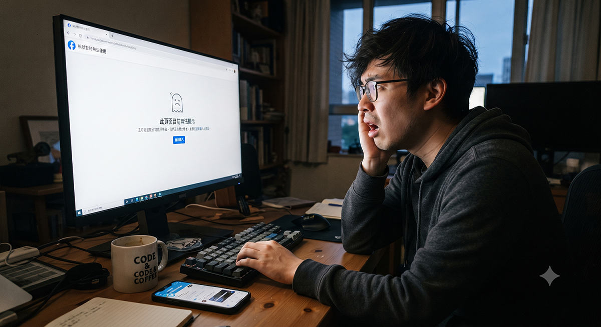 今(19)日下午3時50分左右，臉書網頁版突然無法正常使用，頁面顯示「此頁面目前無法顯示」。(示意圖) 圖：Gemini AI 生成 / 林冠妤 製作