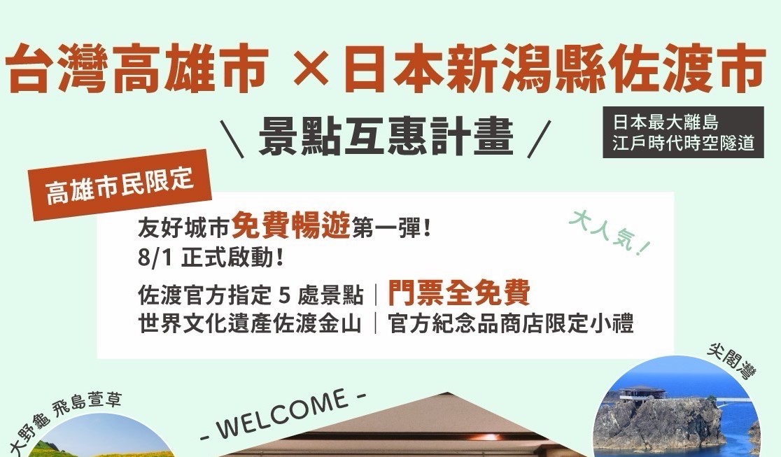 高雄市政府與日本友好城市新潟縣佐渡市正式啟動雙城「景點互惠計畫」。 圖：高雄市行國處/提供