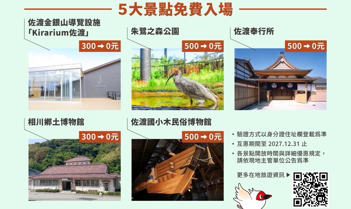 高雄市民遊佐渡島享有五大熱門觀光景點「門票免費」的尊榮優惠。 圖：高雄市行國處/提供