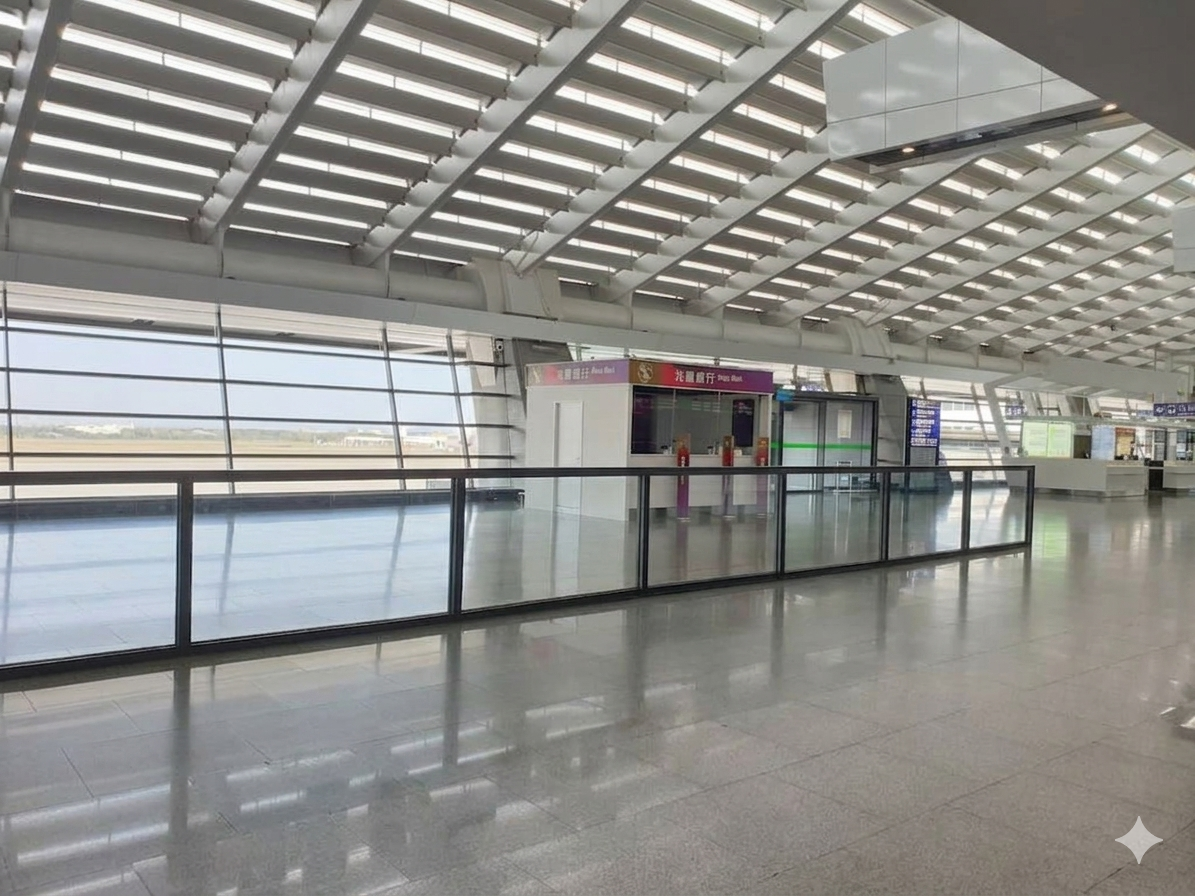 為維護航廈動線，桃園機場公司已明令禁止以立牌、行李占用旅客出口處玻璃圍欄或矮牆。即日起至7月31日為宣導期，8月1日起將正式開罰。 圖：Gemini_AI生成 / 張芸朗製