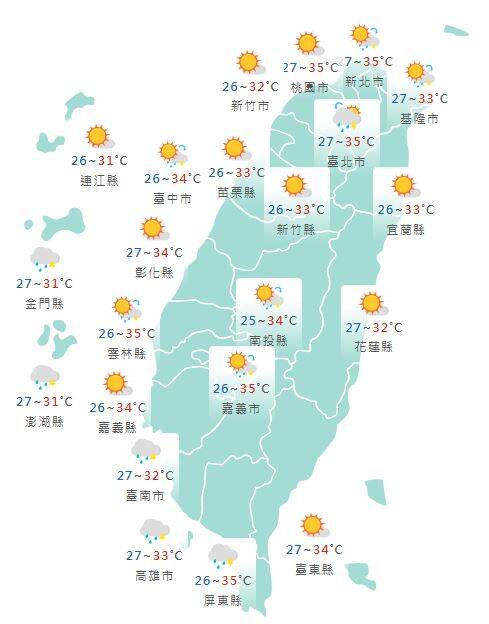 氣象署公布各地天氣預報概況。 圖：氣象署提供