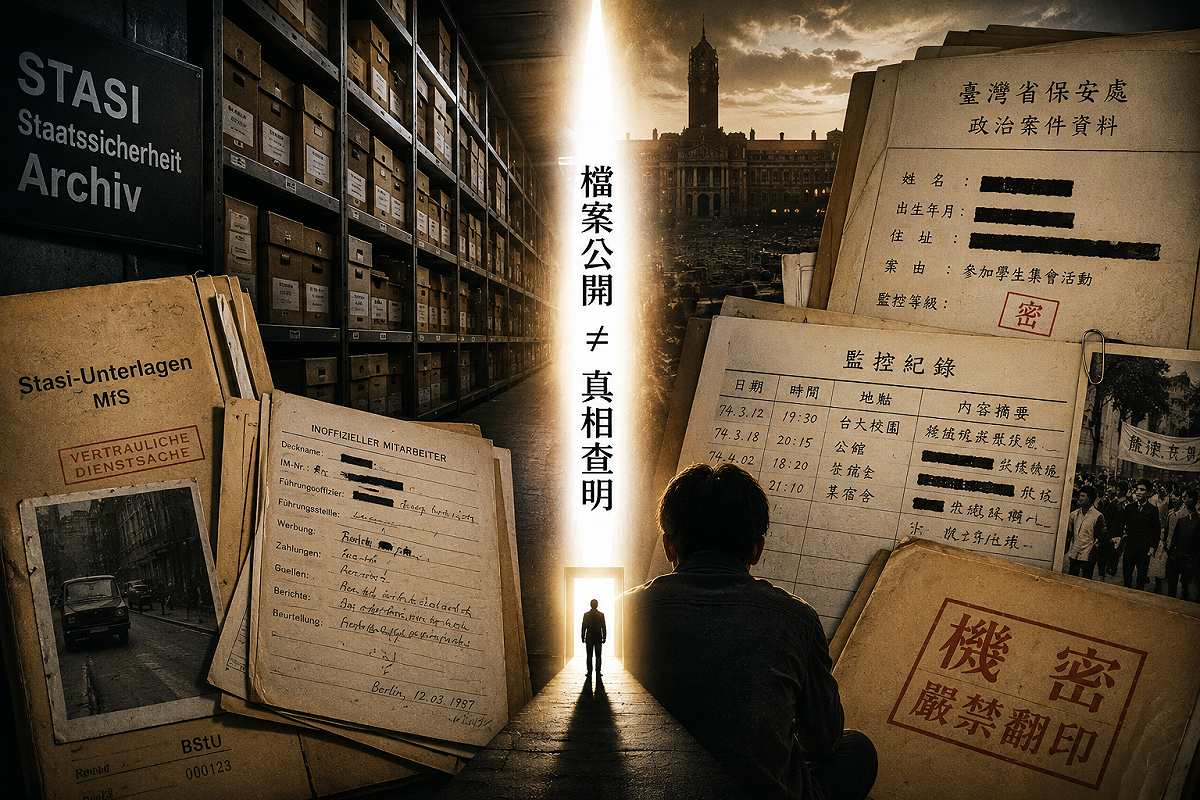 德國以專責制度保存、整理史塔西監控檔案；台灣近來校園線民與政治檔案陸續曝光，也引發檔案公開後，國家是否應進一步負起查證、釐清真相與還原監控體制責任的討論。 圖為AI示意圖