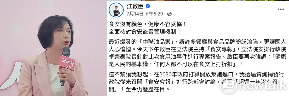 江啟臣臉書最後一次談食安是8天前的事，而期間何欣純幾乎天天都有發表看法。 圖：Newtalk/合成