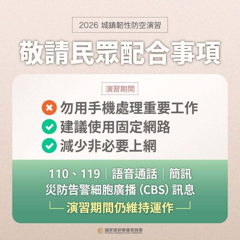 建議將重要工作、線上交易、線上會議提前在演習開始前完成，或延後至結束後處理。 圖：國家通訊傳播委員會／提供