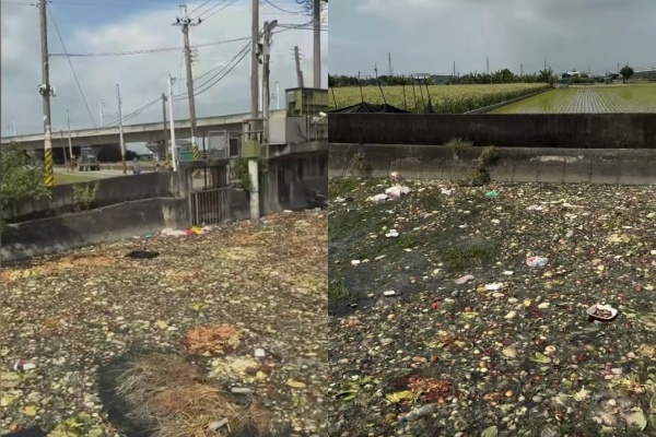 雲林西螺甘厝大排出現大量蔬菜、垃圾，引發網友熱議。 圖：翻攝自Threads@qq_sauce