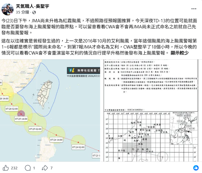 天氣職人吳聖宇指出，依照路徑預報圖推算，今天深夜TD13的位置，可能將面臨是否發布海上颱風警報的臨界點。 圖：翻攝自天氣職人吳聖宇臉書