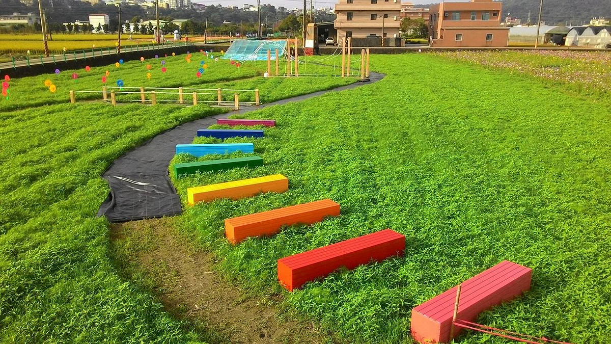 七彩的裝置藝術，繽紛點亮綠油油的草地。 圖：翻攝自2017桃園花彩節FB粉專