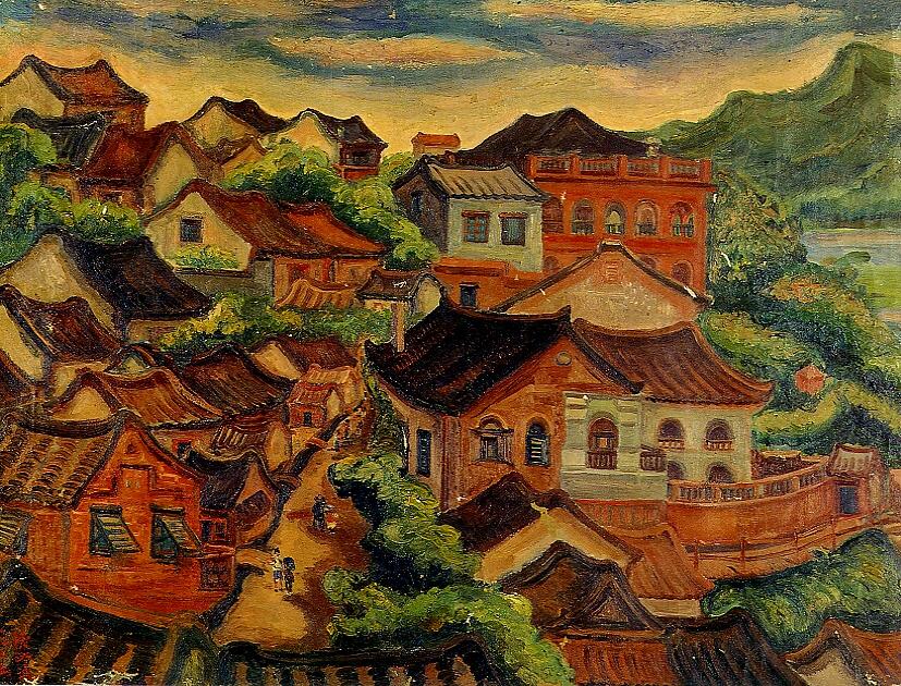 陳澄波的《淡水風景》，蔣勳曾評論：「……此幅以山水為背景，勾劃出河港城鎮閩南式的聚落房舍。畫家濃郁的土地情感、對生活的熱烈關懷，山巒起伏，白雲悠悠，是淡水風景，也是畫家最申的心事。」 圖：翻攝自維基百科