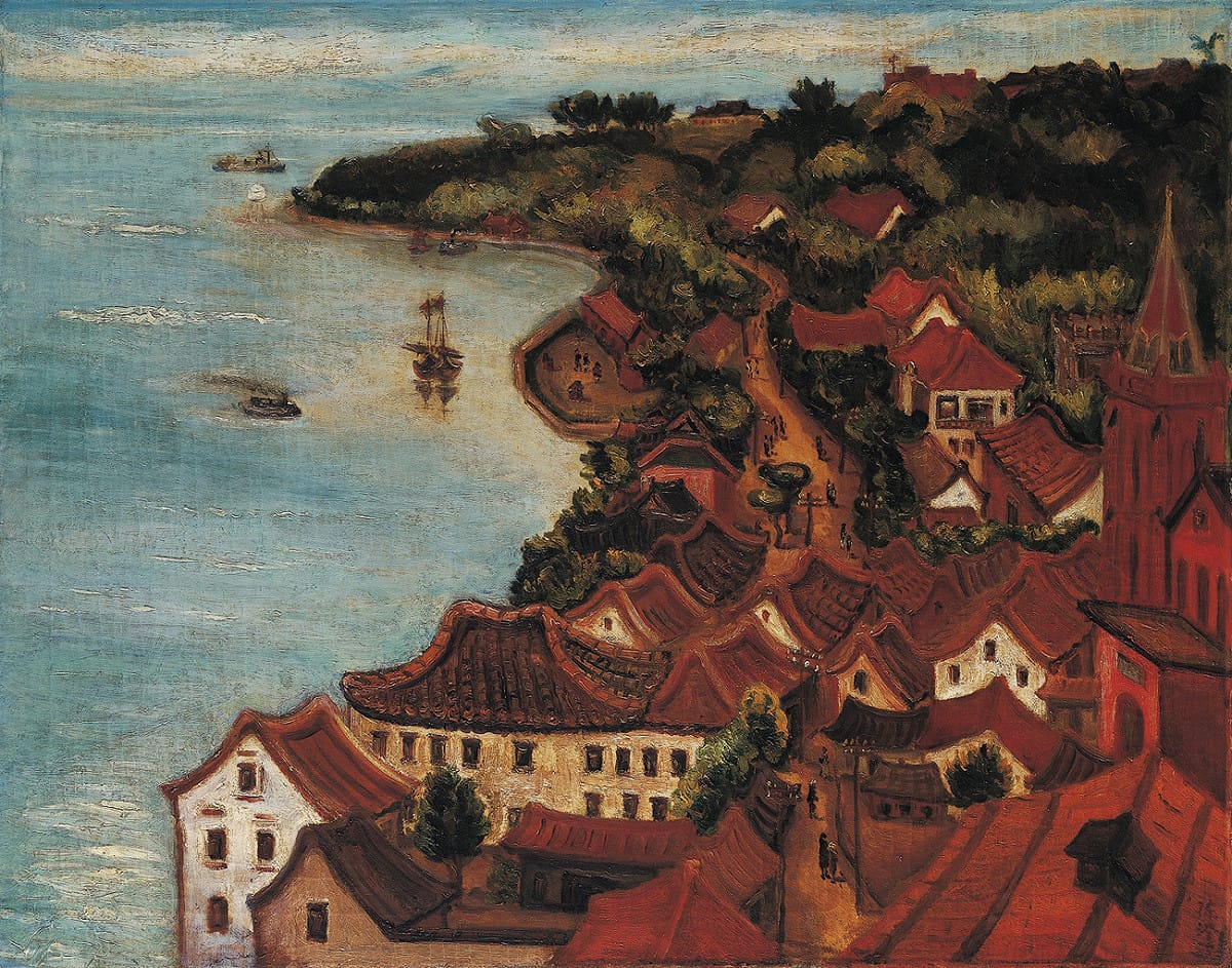 陳澄波的《淡水夕照》，在2006年香港拍賣曾以折合台幣約2.1億元的天價賣出，創下台灣畫家油畫最高拍賣價格。 圖：翻攝自維基百科
