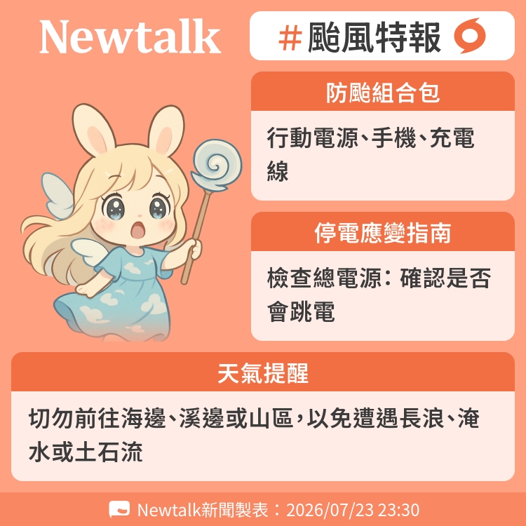 切勿前往海邊、溪邊或山區，以免遭遇長浪、淹水或土石流 圖：Newtalk製表