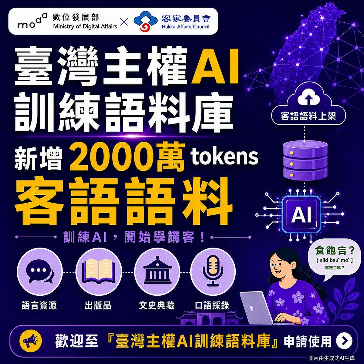 數發部推動的「台灣主權AI訓練語料庫」近日與客家委員會合作，首度新增約2000萬tokens的高品質訓練語料，為台灣主權AI語料注入更豐富的多元文化與語言生命力。 圖：數發部提供