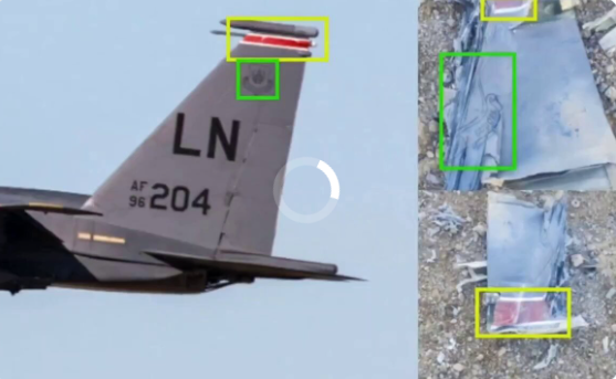 伊朗宣布擊落一架美國 F-35 匿蹤戰機，並公布所謂殘骸照片。然而，有軍事愛好者根據機體殘骸上的編號分析指出，照片中的代碼「AF96-204」及尾碼「LN」並不屬於 F-35，而是美國空軍 F-15E「攻擊鷹」（Strike Eagle）戰機的標識，且照片顯示的也是 F-15 尾部結構，而非 F-35 機體。 圖:翻攝自影片