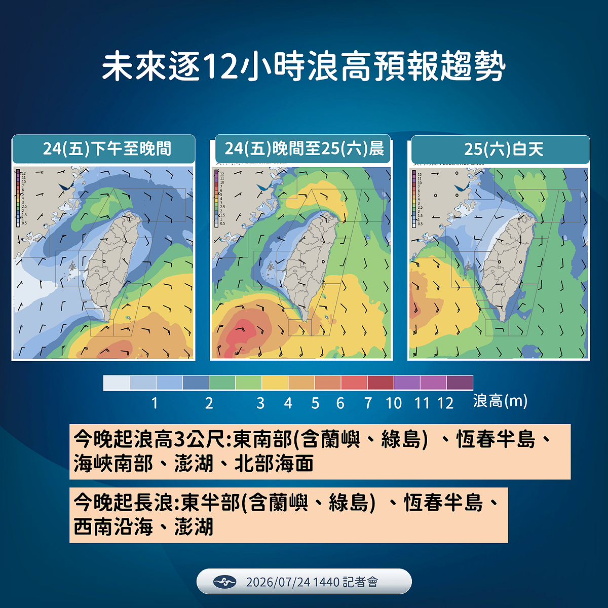 未來12小時浪高預報趨勢。 圖：氣象署／提供