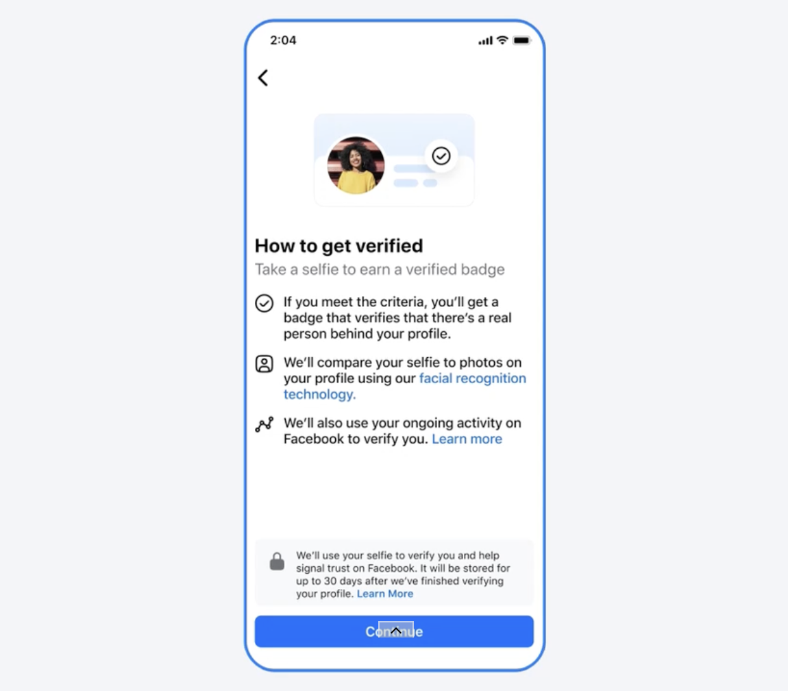 Meta 宣布將在 Facebook 推出全新免費帳號驗證功能「 Facebook  Verified 」，透過自拍影片確認帳號持有人為真人，而非人工智慧（AI）生成的虛假身分。 圖：翻攝自 Meta