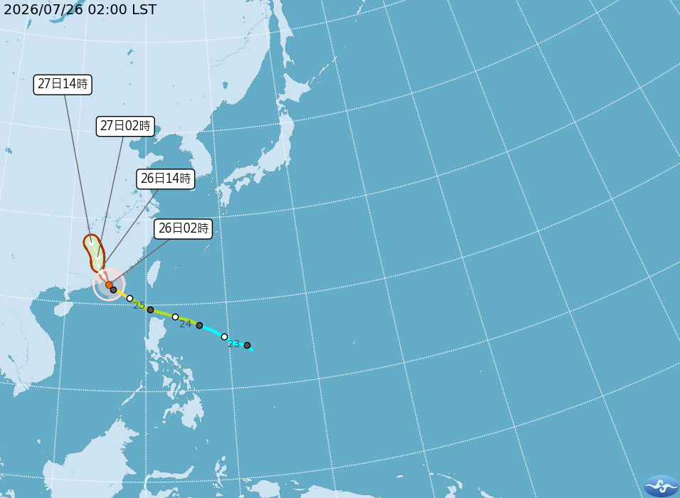 中度颱風「紅霞」已於今日凌晨3時30分左右，從中國廣東省平海鎮一帶登陸，雖然颱風逐漸遠離，但外圍環流及南方水氣仍持續影響台灣天氣。 圖/中央氣象署