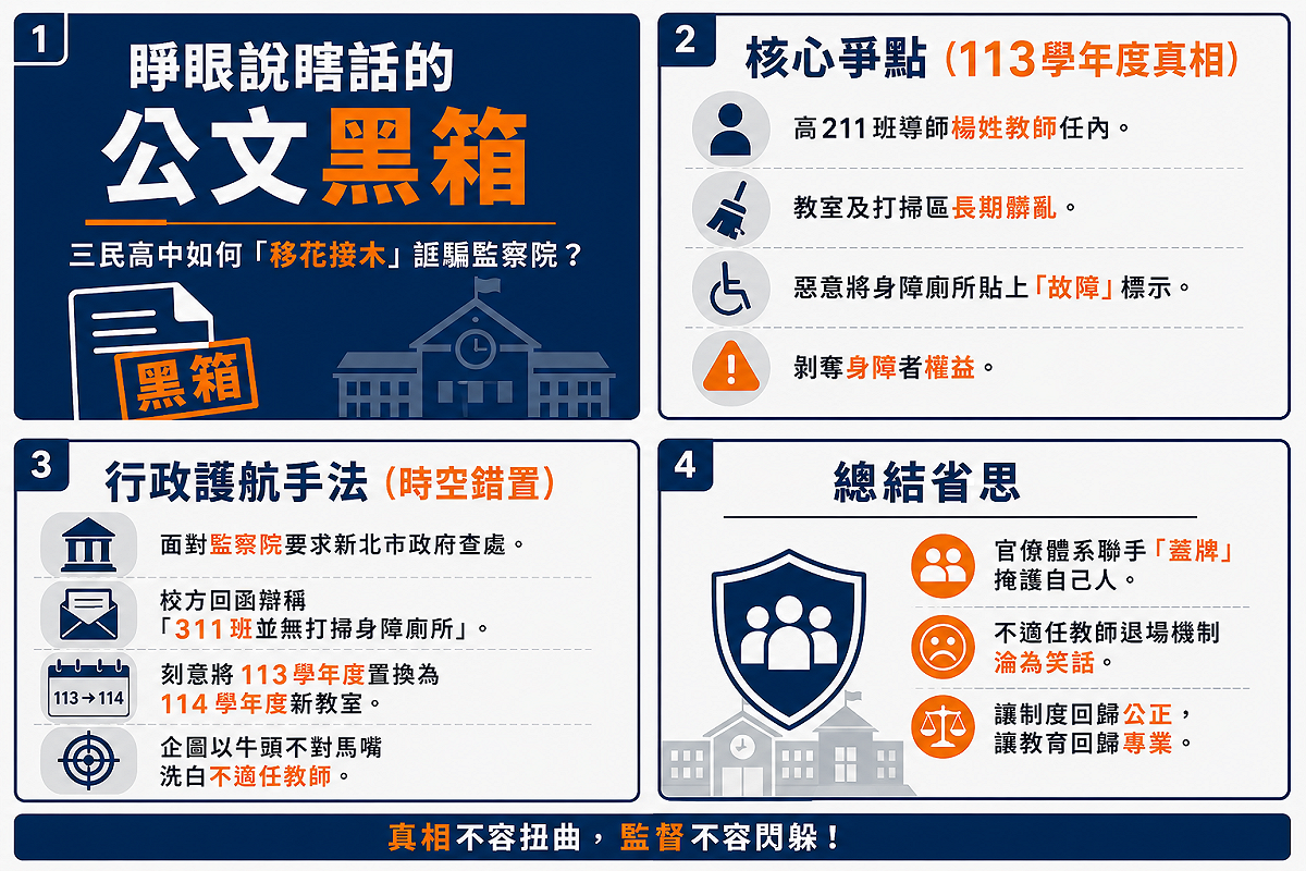 新北市立三民高中遭控以時空錯置的公文回函誆騙監察院，企圖護航不適任教師。讓制度回歸公正，讓教育回歸專業。 圖／張文隆製作