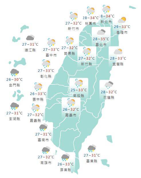 氣象署公布各地天氣預報概況。 圖：氣象署提供