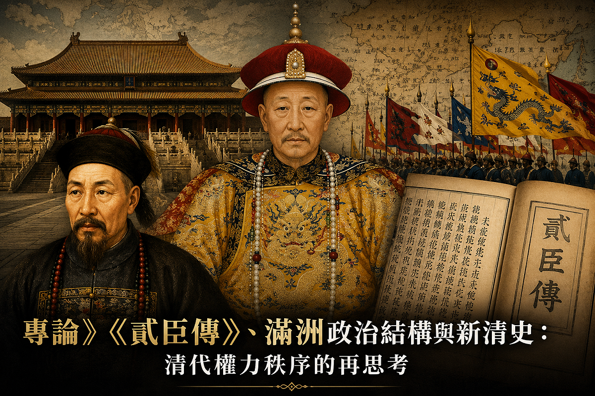 以乾隆皇帝、《貳臣傳》、紫禁城、八旗制度與清代疆域等歷史元素，呈現清朝如何透過皇權、滿洲政治結構與官方史學重塑統治秩序，也呼應近年新清史對清帝國權力結構與多民族治理模式的重新詮釋。 （示意圖／ChatGPT生成）