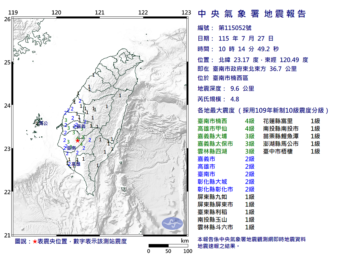07/27-10:14臺南市楠西區發生規模4.8有感地震 圖：中央氣象署