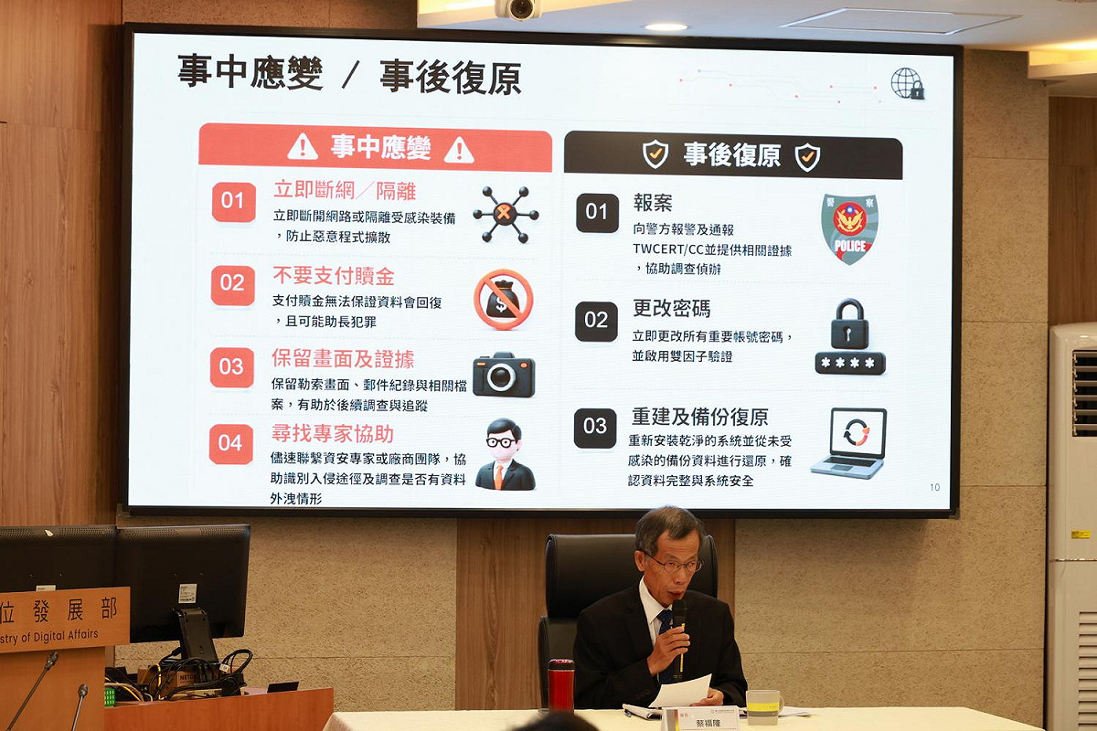 資安署蔡署長福隆說明勒索軟體趨勢，呼籲企業與民眾應落實相關防護作為與提升應變能力。 圖：資安署提供