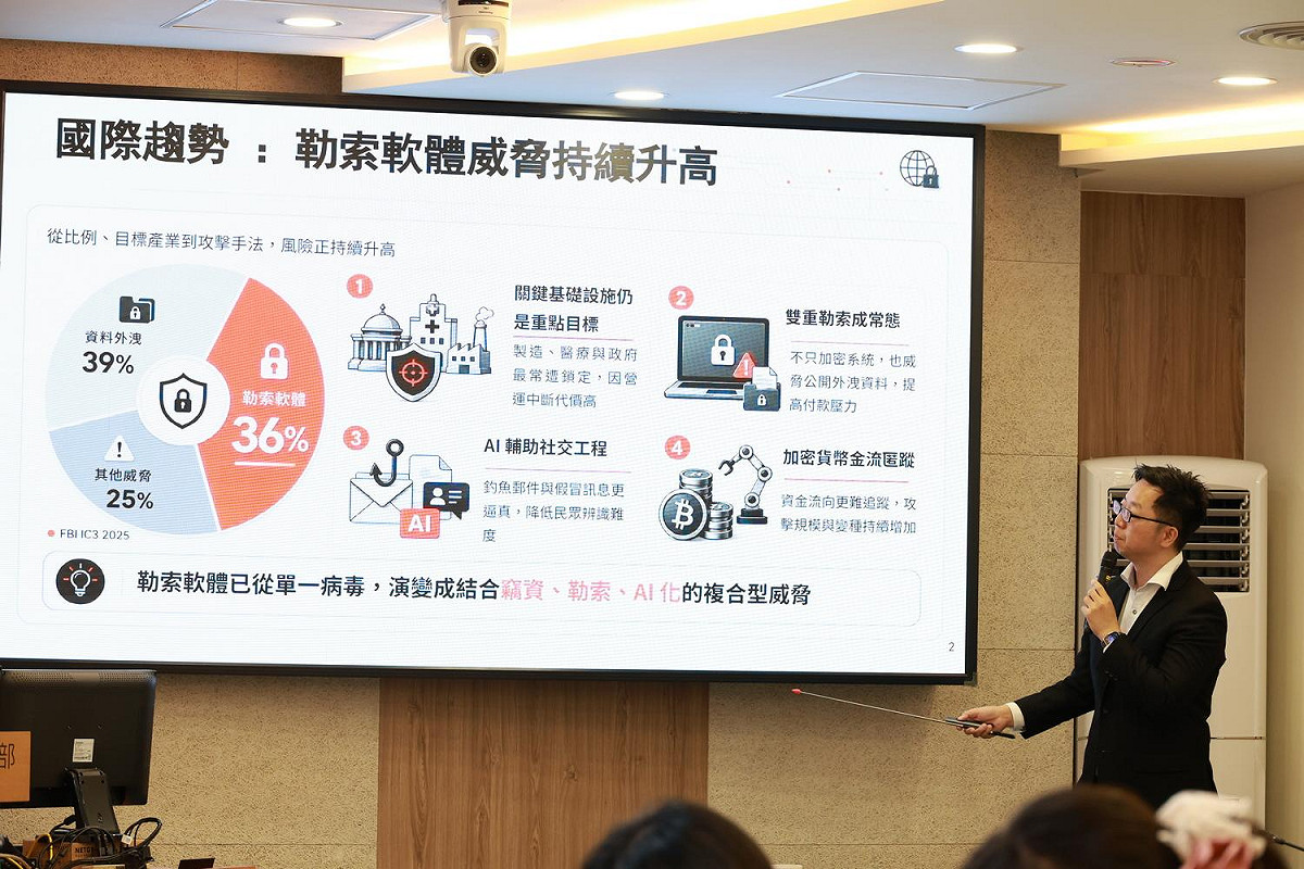 資安署稽核檢查組林組長郁傑簡報當前勒索軟體攻擊樣態以及相關防護重點。 圖：資安署提供