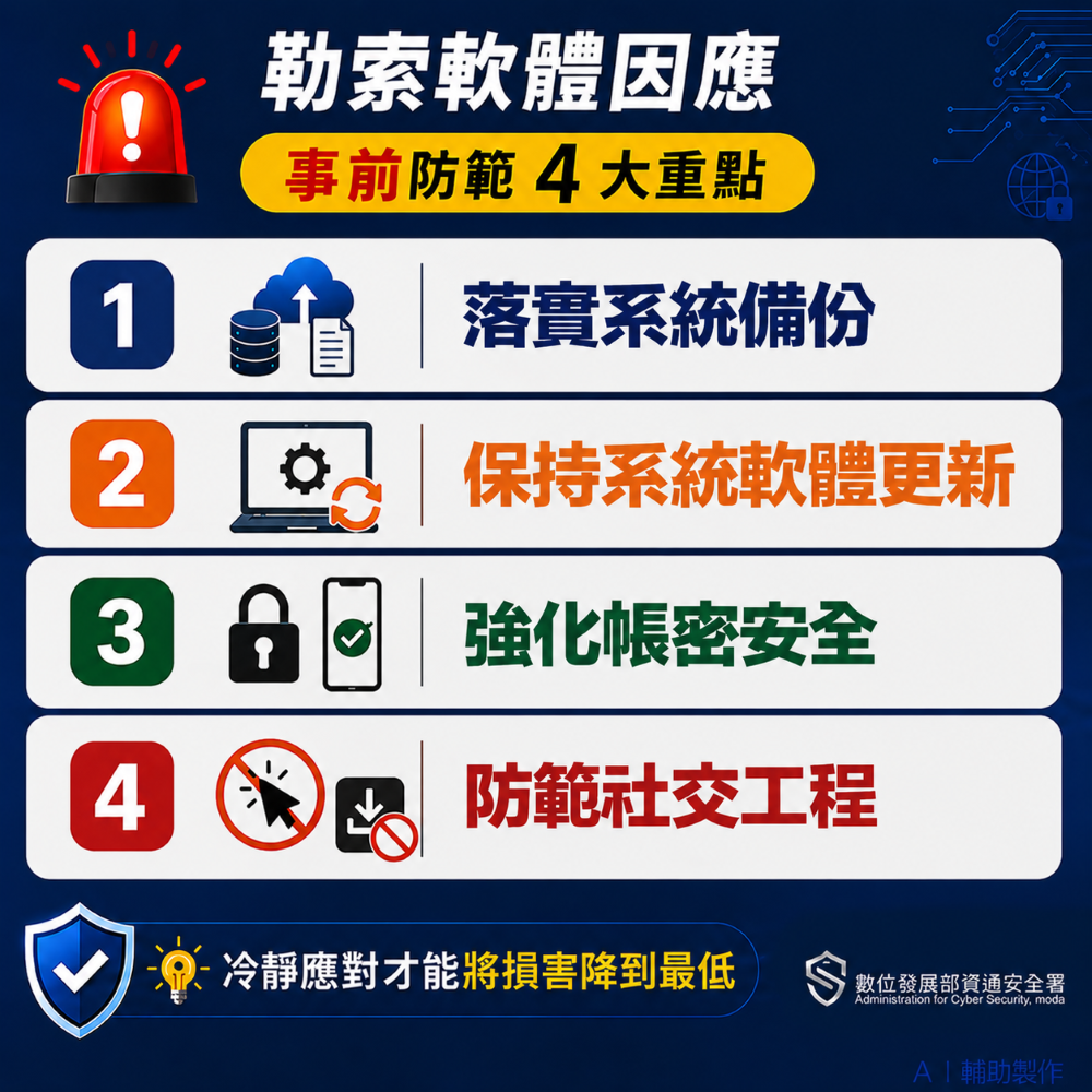勒索軟體事前防範4大重點。 圖：資安署提供