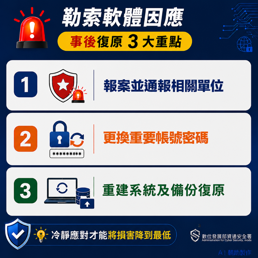 勒索軟體事後復原3大重點。 圖：資安署提供
