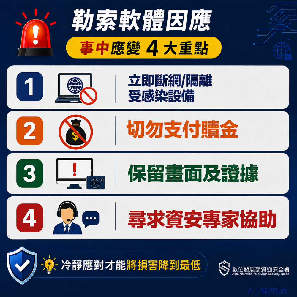勒索軟體事中應變4大重點。 圖：資安署提供