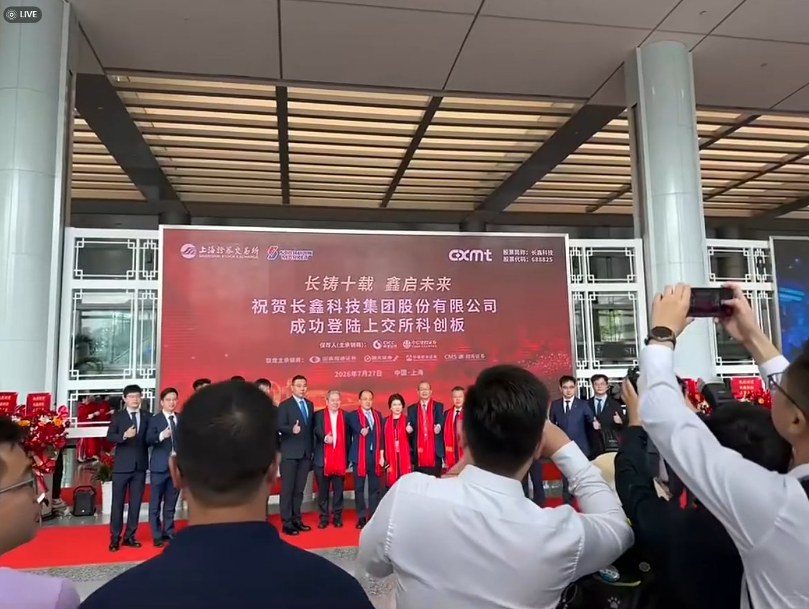 中國記憶體晶片大廠長鑫科技（688825.SH）27 日正式在上海證券交易所科創板掛牌上市，首日股價大漲逾 4.6 倍，收盤報每股49 元人民幣，較發行價上漲 465.82%，盤中最高一度來到 55.03 元。 圖：翻攝自 X   Chong Wei 韋沖