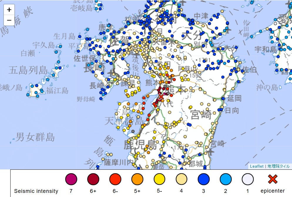 日本九州熊本縣28日下午4時27分（台北時間3時27分）左右發生強烈地震，宇城市與冰川町最大震度達日本最高等級的震度7。 圖：截取data.jma.go.jp