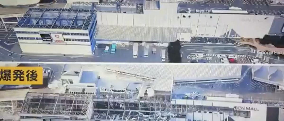 永旺夢樂城商場爆炸前後對比。 圖：翻攝x.com/nhk_news