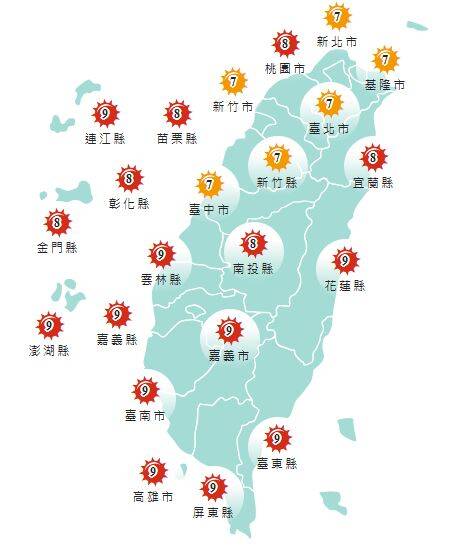 氣象署發布各地紫外線指數預報概況。 圖：氣象署提供