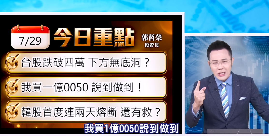 郭哲榮強調自己兌現承諾，'砸1億元買0050（元大台灣50）。 圖：翻攝自郭哲榮YouTube