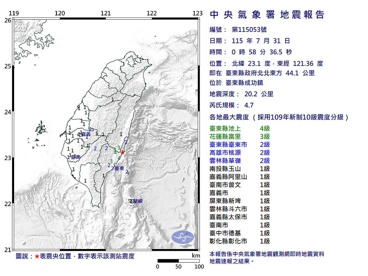 07/31-00:58臺東縣成功鎮發生規模4.7有感地震 圖：中央氣象署